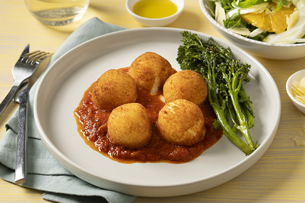 Four Cheese Arancini and Tomato Sugo with Orange and Fennel Salad