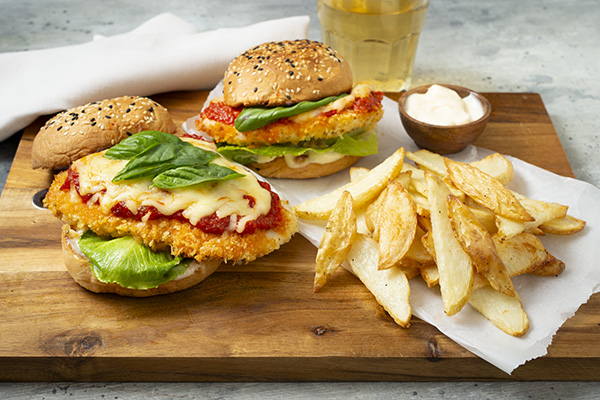 Chicken Parmigiana Burger with Potato Wedges