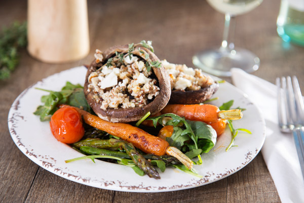 Almond & Thyme Crusted Mushrooms with Fetta & Roasted Veg