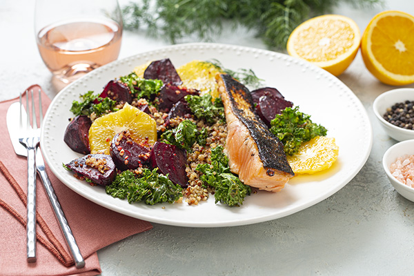Crispy Skin Salmon with Roasted Beet, Kale and Blood Orange Salad