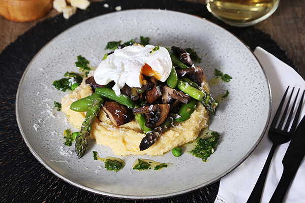 Cheesy Polenta and Veg with Gremolata and Poached Egg
