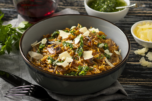 French Onion Risoni with Caramelised Onions, Mushrooms and Herb Oil
