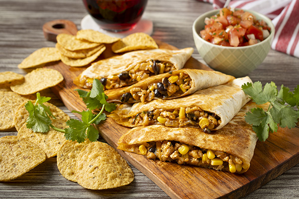 Crispy Chicken and Black Bean Quesadillas with a Tomato Salsa and Corn Chips