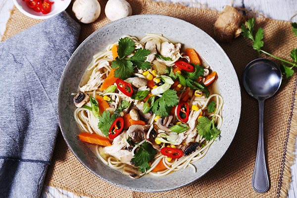 Shredded Chicken and Corn Noodle Soup, Loaded with Healthy Veg