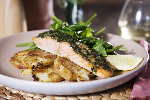 Citrus and Herb Baked Salmon with Smashed Potatoes Rocket and Spinach Salad
