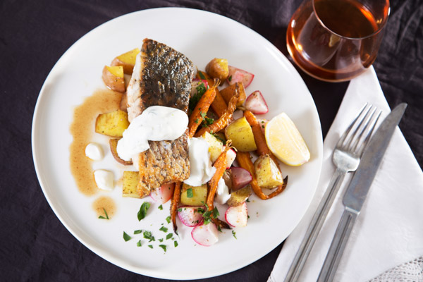 Honey Butter Barramundi with Za'atar Roasted Veg and Yoghurt Sauce