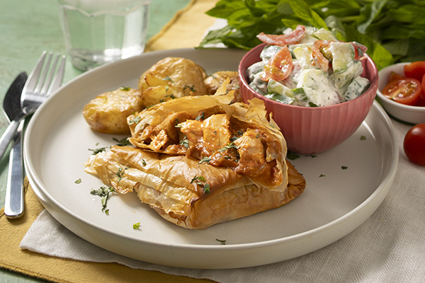 Butter Chicken Filo Parcels with Smashed Potatoes & Cucumber Salad