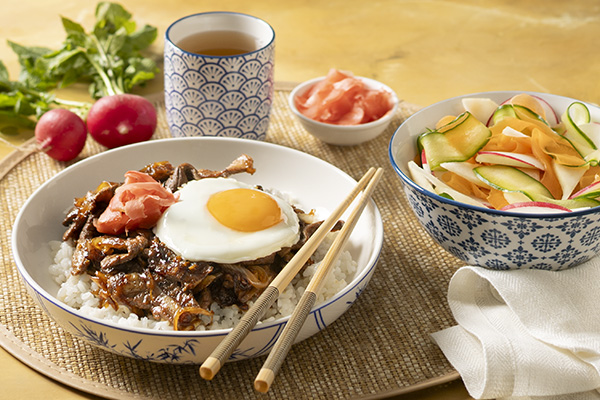 Japanese and Onion Steak Rice Bowl with a Pear and Cucumber Salad