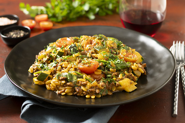 Spiced Harissa Beef and Tomato Risoni with Zucchini, Spinach and Parsley