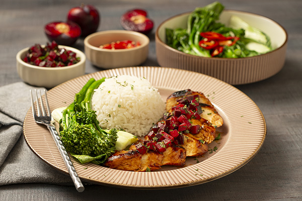 Plum Soy Chicken with Broccolini, Pak Choy and Plum Salsa