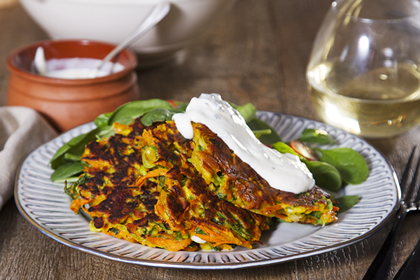 Spiced Carrot and Cheddar Fritters with Coriander Yoghurt and Salad