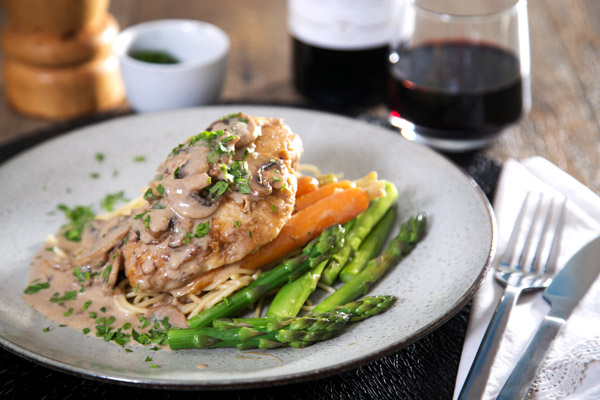 Creamy Chicken Marsala with Spaghetti, Mushrooms and Asparagus