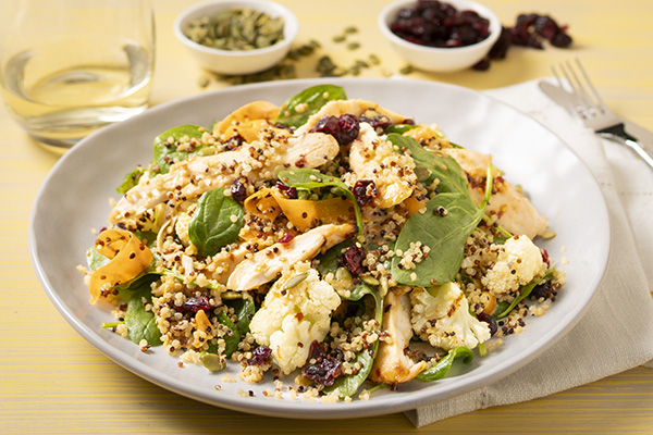 Spiced Cauliflower and Chicken Salad with Quinoa, Pepitas and Miso Sesame Dressing