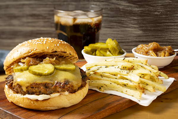 Classic Smoked Onion Cheeseburger with Mulberry Pig Pickles and Rosemary Fries