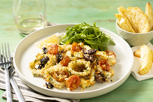 Baked Calamari with Lemon and Olives Served with Roasted Potatoes and Rocket Salad
