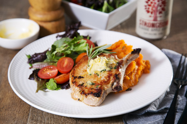 Pork Chops with Rosemary, Garlic Butter and Creamy Sweet Potato Mash