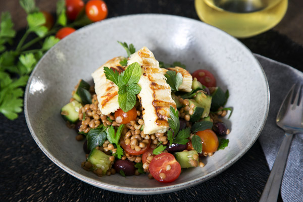 Grilled Haloumi with Lentil Tabbouleh, Lemon, Olives and Mint
