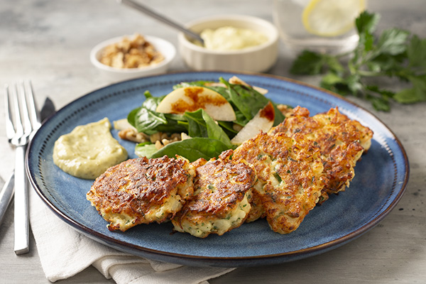Golden Cauliflower and Parmesan Fritters with Crisp Nashi Pear Salad and Pesto Mayo