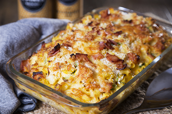 Three Veg Bacon Mac and Cheese with Cheesy Panko Topping