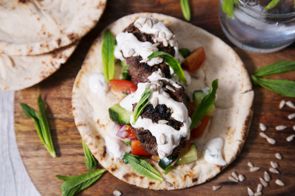 Beef and Lamb Shawarma with Tomato, Cucumber, Mint and Yoghurt Sauce