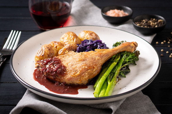 Crispy Air Fryer Duck and Braised Cabbage with Roasted Potatoes, Broccolini and Red Wine Sauce