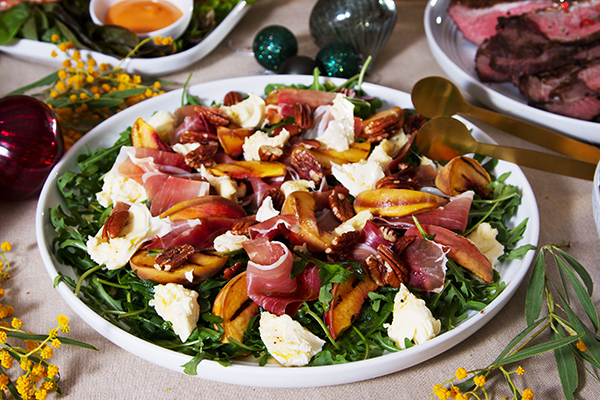 Customer Favourite, Charred Peach & Prosciutto Salad, with Fresh Mozzarella, Toasted Pecans and Maple Dressing