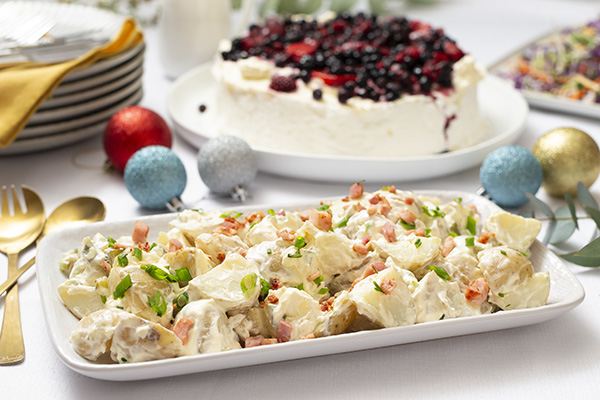Creamy Golden Chat Potato Salad, Crispy Bacon and Fresh Herbs
