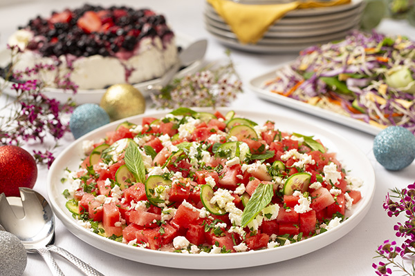 WA Watermelon Summer Salad with Crisp Cucumber, Fetta and a Zesty Honey Lime Dressing