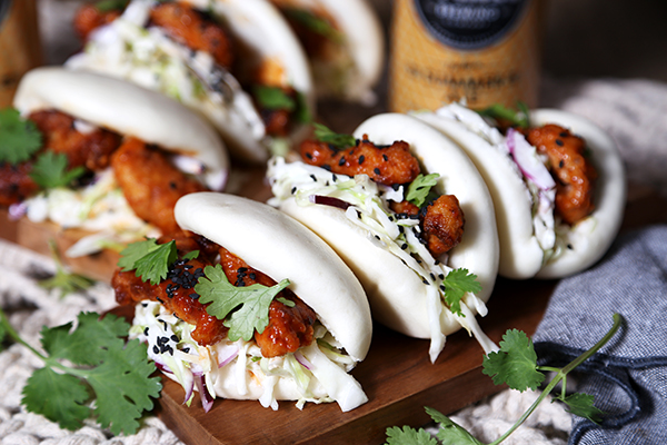 Korean Chicken Bao Buns, Crunchy Slaw and Coriander