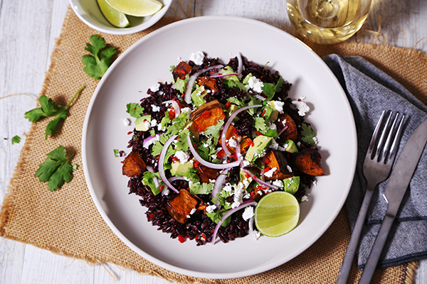 Nourishing Ancient Black Rice, Pumpkin and Lime Salad with Fetta, Mint and Avocado