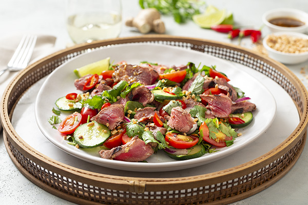 Low Carb Thai Beef Salad with Nuoc Cham Dressing and Crunchy Peanuts