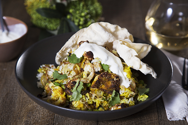 Roasted Cauliflower Biriyani with Yoghurt and Pappadums