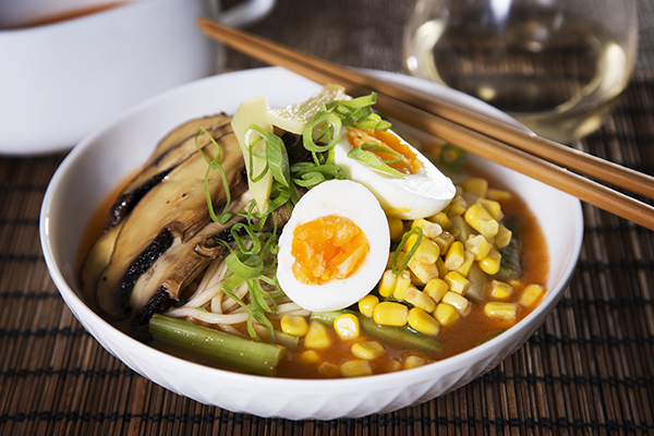 Fresh Udon in a Spicy Doubanjiang & Mushroom Broth with Baby Choy Sum, Corn and Bamboo Shoots