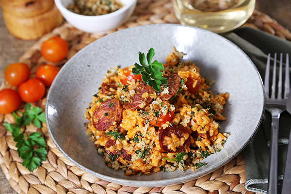 Creamy Tomato Risotto with Chorizo and Crispy Garlic Crumb