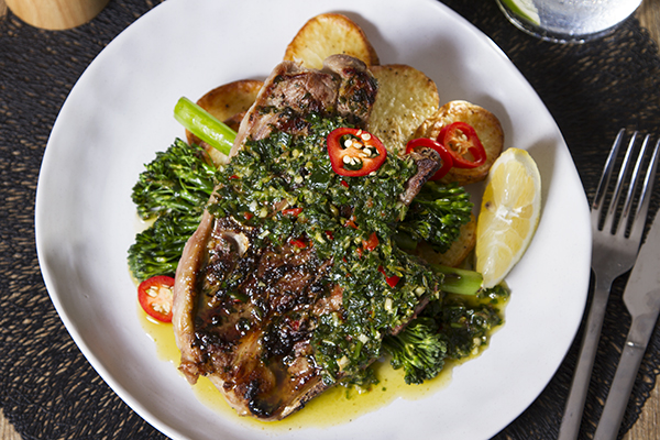 Lamb Steaks with Mint Chimichurri Roast Potatoes and Charred Broccolini