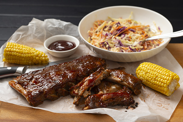 Quick and Easy American BBQ Ribs with Corn Cobs and Chipotle Coleslaw