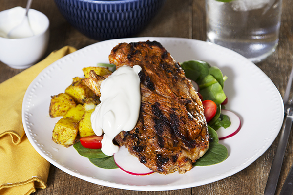 Mild Tandoori Lamb with Bombay Potatoes Easy Side Salad and Yoghurt