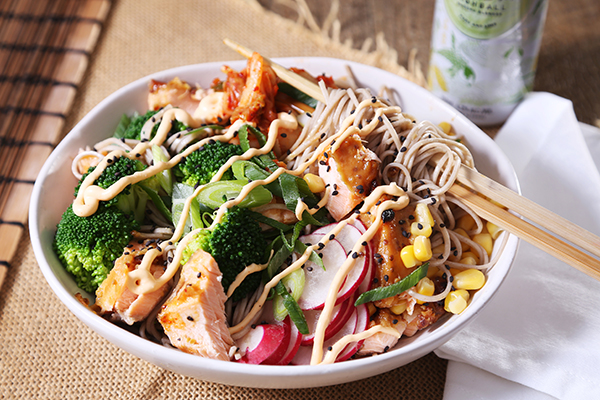 Miso Salmon Soba Noodles with Kimchi, Broccoli and Spicy Mayo