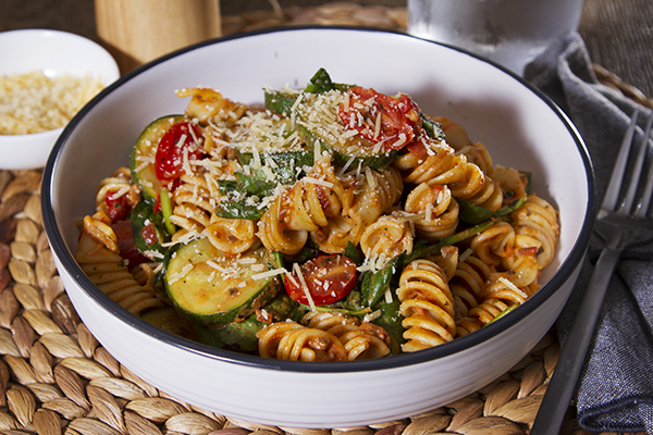 Creamy Sundried Tomato Pesto Pasta with Zucchini, Spinach and Parmesan