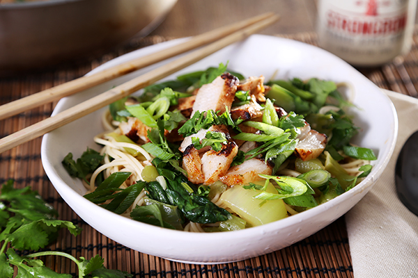 Spicy Pork & Egg Noodle Broth with Gochujang and Coriander