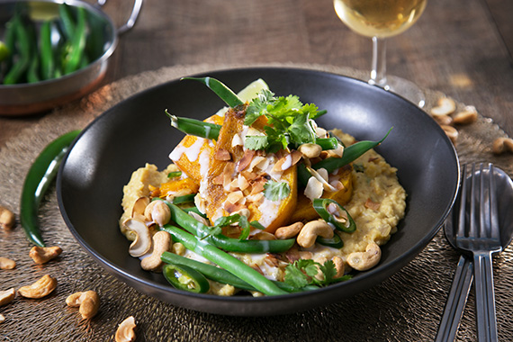 Spicy Coconut Dahl with Roast Pumpkin Snow Peas and Cashews