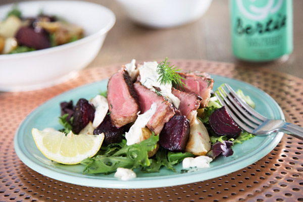Porterhouse, Roast Beets and Potato with Mixed Leaf Salad and Horseradish