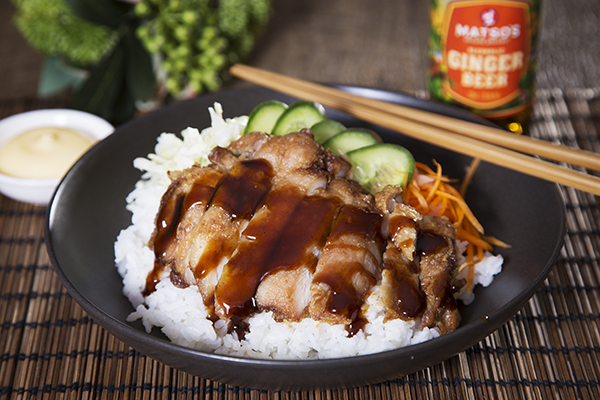 Karaage Chicken Donburi Bowl with Pickled Carrot and Ginger, Cabbage and Tonkatsu Sauce