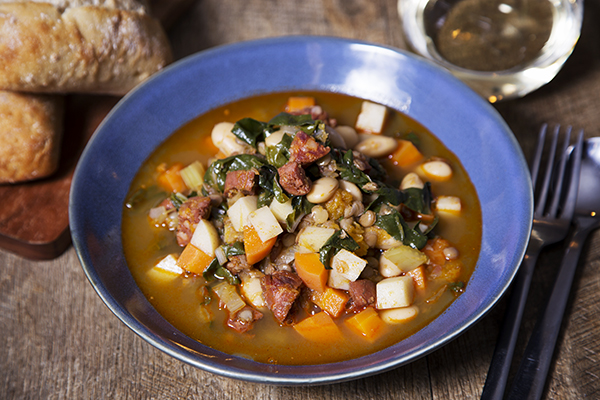 Hearty Chorizo, Organic Pumpkin and Lentil Soup with Crisp Bread Rolls