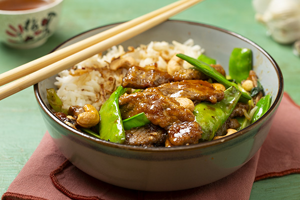 Sweet and Sticky Asian Beef with Snow Peas and Jasmin Rice