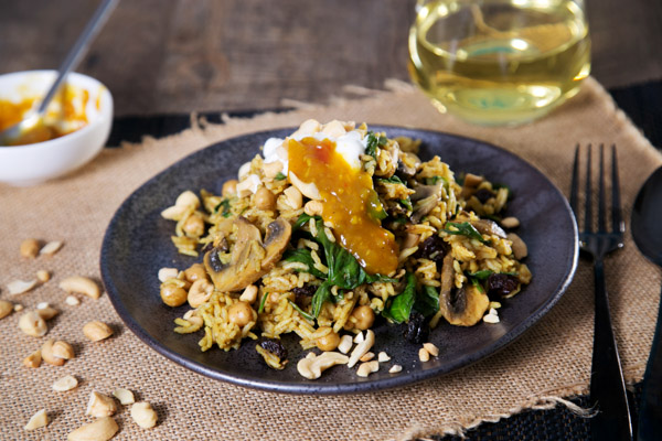 Mild Madras Curried Rice with Chickpeas, Nuts and Rasins Topped with Greek Yoghurt and Mango Chutney