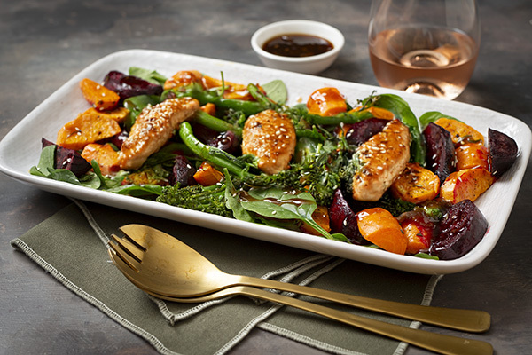 Sautéed Chicken and Sweet Onion Relish With Roasted Veg and Chickpeas