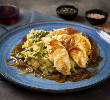 Pan Fried Chicken and Colcannon Mash with Onion Gravy