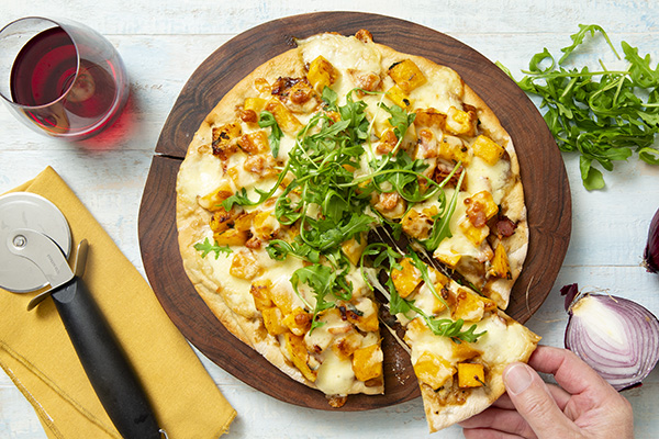 Caramelised Onion, Bacon and Pumpkin Pizza with Rosemary and Rocket
