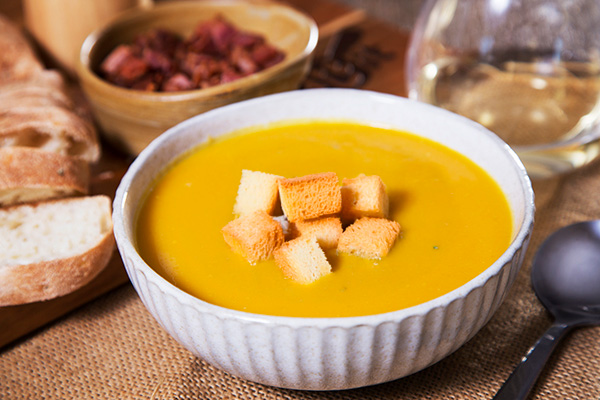 Miso Pumpkin Soup with Garlic Croutons